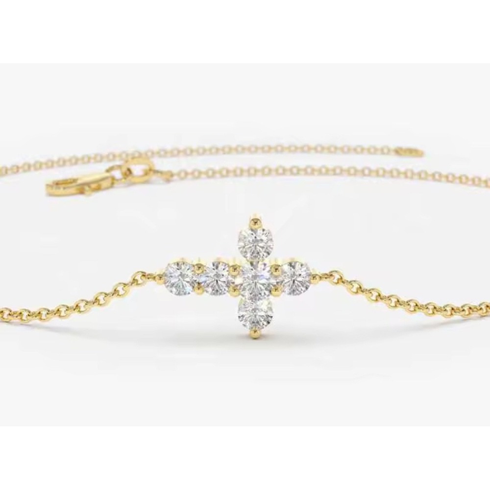 Diamond Cross Bracelet 14k Gold over Sterling Silver  8.5 inch Adjustable Chain‎